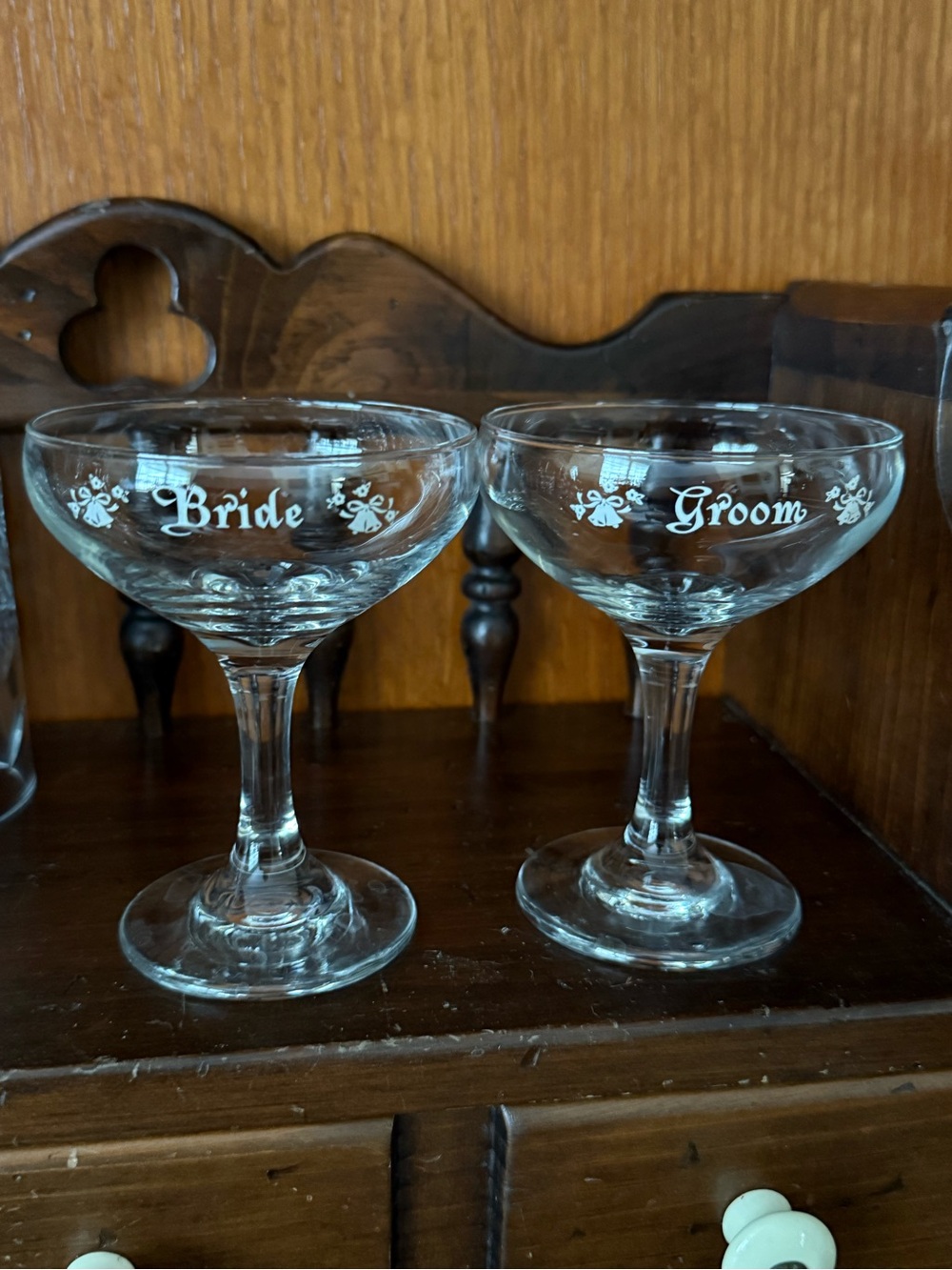 Vintage Bride & Groom Etched Champagne Coupes - Pair